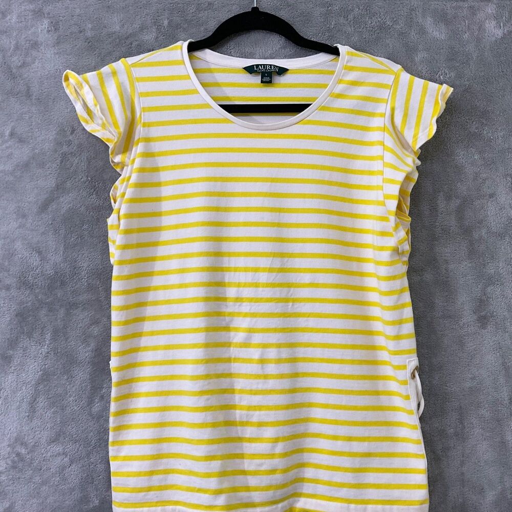 Lauren Ralph Lauren Shirt Women L  Yellow White Striped ruffles grommets Cotton